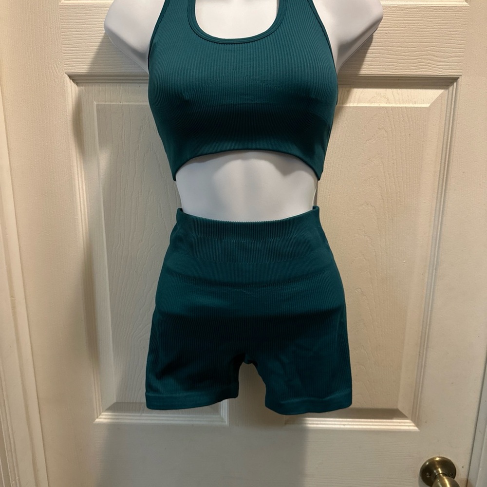 Teal Women's Ribbed Crop Top and Shorts Set
